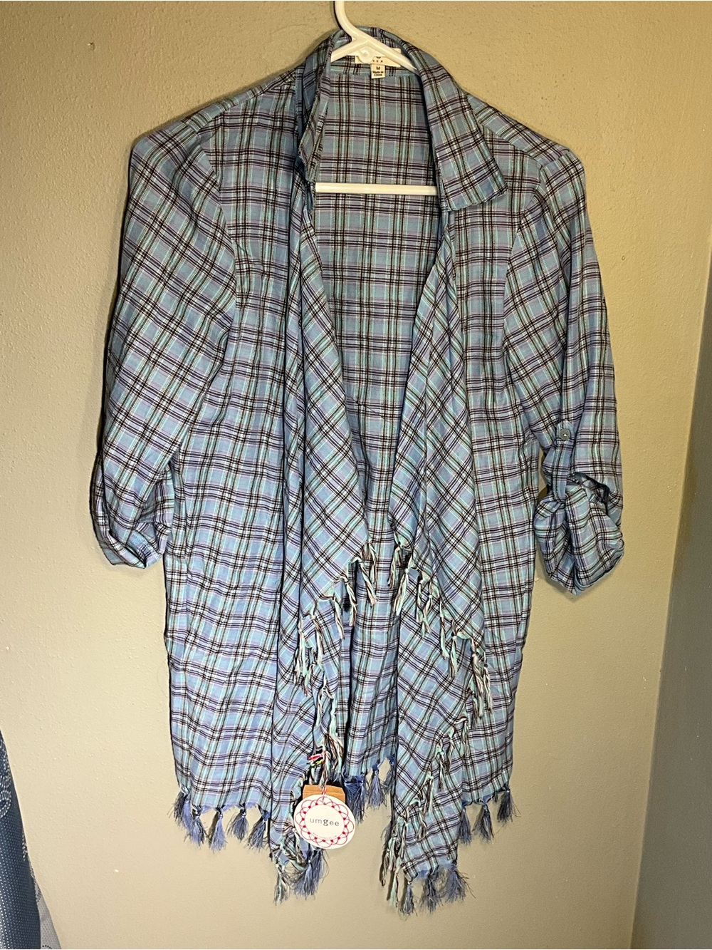 NWT Umgee Light Blue Plaid Fringe Open-Front Women's Jacket M